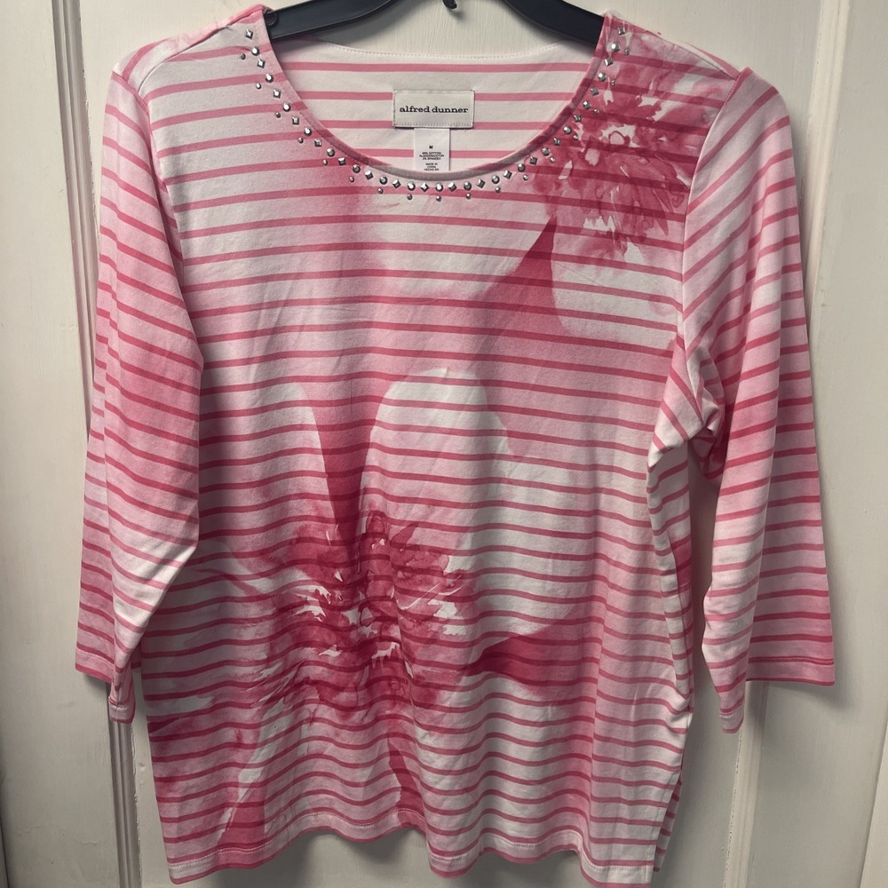 Alfred Dunner Shirt Women M Pink Stripe Floral Rhinestone 3/4 Sleeve Spring